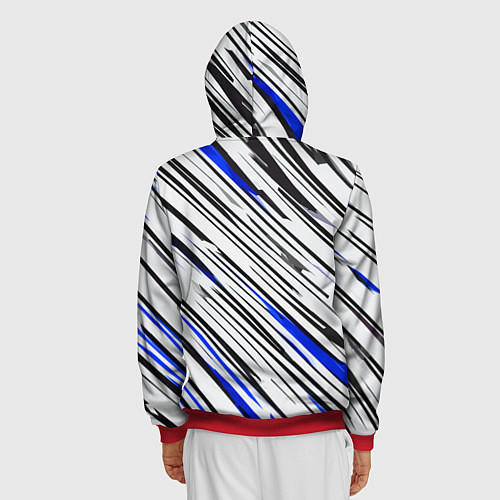 Мужская толстовка на молнии Диагональные чёрно-синие полосы на белом фоне / 3D-Красный – фото 4