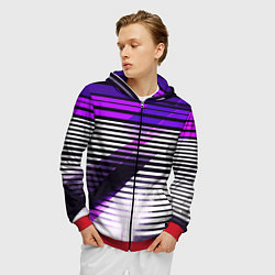 Толстовка 3D на молнии мужская Фиолетово-чёрные полосы на белом фоне, цвет: 3D-красный — фото 2