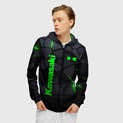 Толстовка 3D на молнии мужская Kawasaki - плиты с эффектом свечения, цвет: 3D-черный — фото 2
