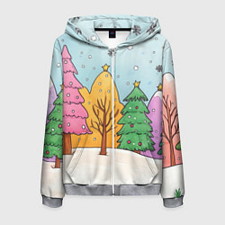Толстовка 3D на молнии мужская Разноцветные елочки и деревья, цвет: 3D-меланж