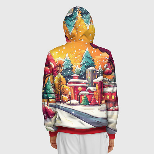 Мужская толстовка на молнии Новогодний город в оранжевых оттенках / 3D-Красный – фото 4