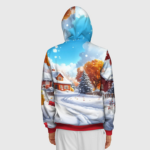 Мужская толстовка на молнии Новогодний пейзаж и домики / 3D-Красный – фото 4