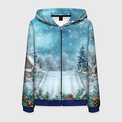 Толстовка 3D на молнии мужская Новогодний снег, цвет: 3D-синий
