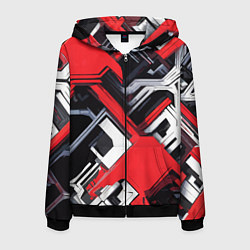 Толстовка 3D на молнии мужская Красно-белый техно паттерн, цвет: 3D-черный