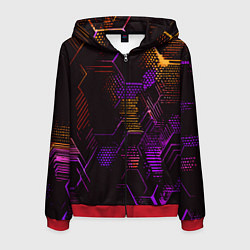 Толстовка 3D на молнии мужская Жёлто-фиолетовые точки и линии на чёрном фоне, цвет: 3D-красный