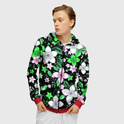 Толстовка 3D на молнии мужская Зелёно-белые цветы на чёрном фоне, цвет: 3D-красный — фото 2