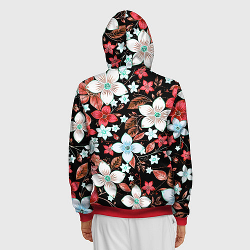 Мужская толстовка на молнии Красно-белые цветы на чёрном фоне / 3D-Красный – фото 4