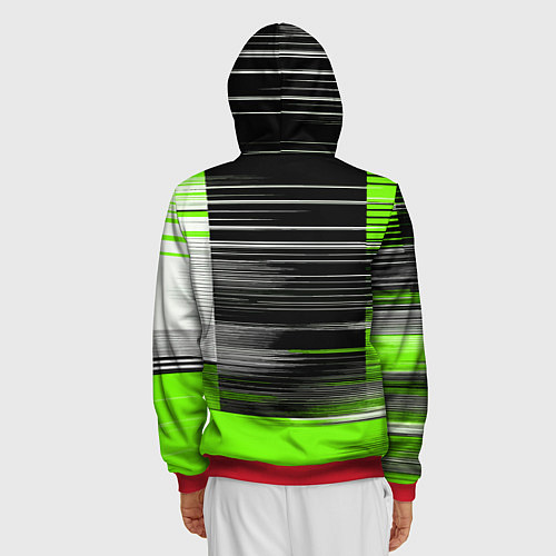 Мужская толстовка на молнии Белые вертикальные полосы на чёрно-зелёном фоне / 3D-Красный – фото 4