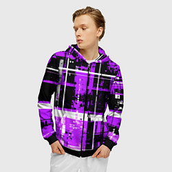 Толстовка 3D на молнии мужская Фиолетово-белый гранж на чёрном фоне, цвет: 3D-черный — фото 2