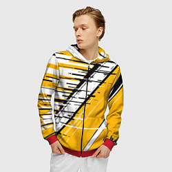 Толстовка 3D на молнии мужская Чёрно-белые глитч полосы на жёлтом фоне, цвет: 3D-красный — фото 2