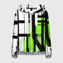 Толстовка 3D на молнии мужская Чёрно-зелёные вертикальные и горизонтальные полосы, цвет: 3D-меланж