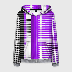 Толстовка 3D на молнии мужская Белые полосы на чёрно-фиолетовом фоне, цвет: 3D-меланж
