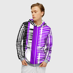 Толстовка 3D на молнии мужская Белые полосы на чёрно-фиолетовом фоне, цвет: 3D-меланж — фото 2