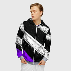 Толстовка 3D на молнии мужская Диагональные чёрно-белые полосы на фиолетовом фоне, цвет: 3D-меланж — фото 2