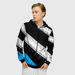 Толстовка 3D на молнии мужская Диагональные чёрно-белые полосы на синем фоне, цвет: 3D-черный — фото 2