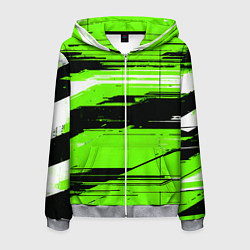 Толстовка 3D на молнии мужская Горизонтальные чёрно-белые линии на зелёном фоне, цвет: 3D-меланж