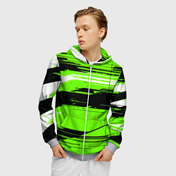 Толстовка 3D на молнии мужская Горизонтальные чёрно-белые линии на зелёном фоне, цвет: 3D-меланж — фото 2