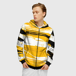 Толстовка 3D на молнии мужская Горизонтальные чёрно-белые линии на жёлтом фоне, цвет: 3D-черный — фото 2