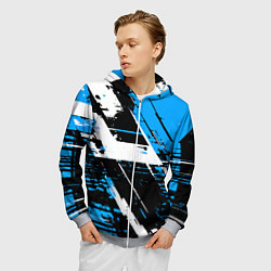 Толстовка 3D на молнии мужская Diagonal black and white stripes on a blue backgro, цвет: 3D-меланж — фото 2
