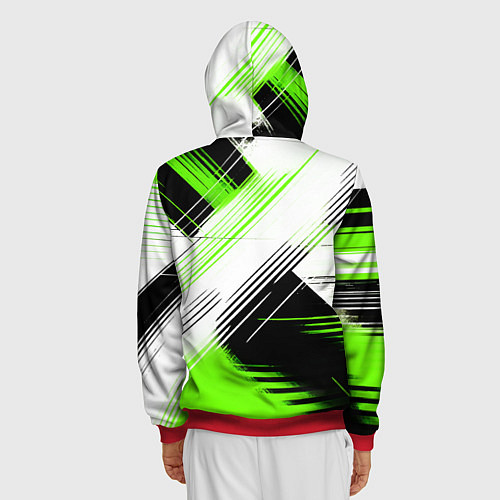 Мужская толстовка на молнии Диагональные бело-зелёные линии на чёрном фоне / 3D-Красный – фото 4