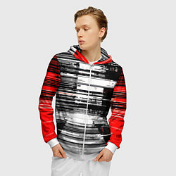 Толстовка 3D на молнии мужская Горизонтальные чёрные линии на бело-красном фоне, цвет: 3D-белый — фото 2