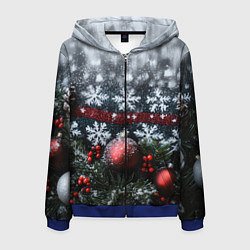 Толстовка 3D на молнии мужская Новогодние снежинки, цвет: 3D-синий