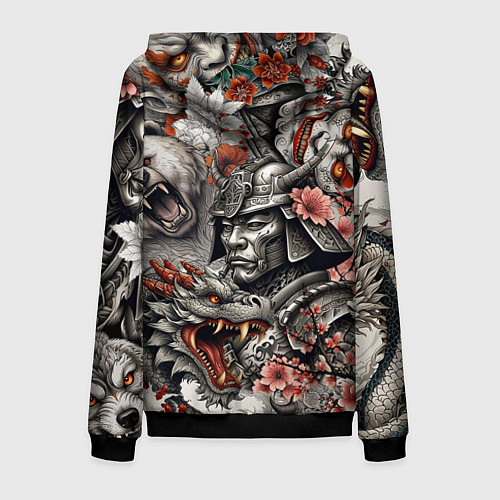 Мужская толстовка на молнии Самурай дракон и японские мифические существа / 3D-Черный – фото 2