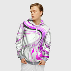 Толстовка 3D на молнии мужская Волнистые чёрно-фиолетовые линии на белом фоне, цвет: 3D-меланж — фото 2