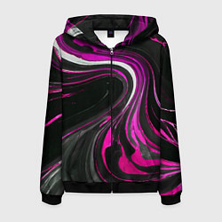 Толстовка 3D на молнии мужская Волнистые бело-розовые линии на чёрном фоне, цвет: 3D-черный