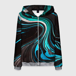 Толстовка 3D на молнии мужская Волнистые бело-голубые линии на чёрном фоне, цвет: 3D-меланж