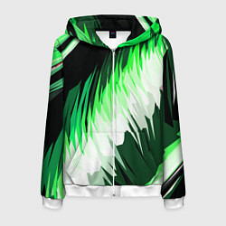 Мужская толстовка на молнии Зелёно-белая абстракция на чёрном фоне