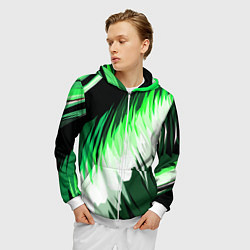 Толстовка 3D на молнии мужская Зелёно-белая абстракция на чёрном фоне, цвет: 3D-белый — фото 2