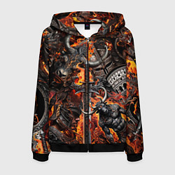 Толстовка 3D на молнии мужская Гладиатор и минотавр на фоне огня мечей и щитов, цвет: 3D-черный