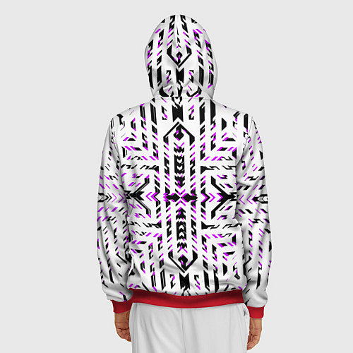 Мужская толстовка на молнии Чёрно-фиолетовые диагональные полосы на белом фоне / 3D-Красный – фото 4