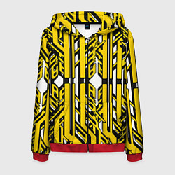 Толстовка 3D на молнии мужская Чёрно-жёлтые техно полосы на белом фоне, цвет: 3D-красный