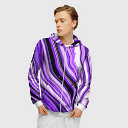Толстовка 3D на молнии мужская Волнистые вертикальные чёрно-фиолетовые полосы, цвет: 3D-белый — фото 2