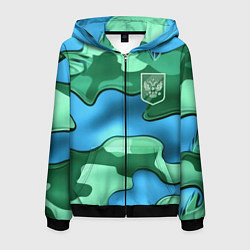 Толстовка 3D на молнии мужская Зелено-голубой камуфляж и герб РФ, цвет: 3D-черный