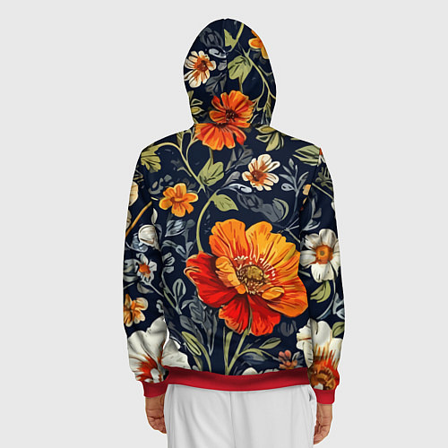 Мужская толстовка на молнии Маки и пионы старинный паттерн / 3D-Красный – фото 4