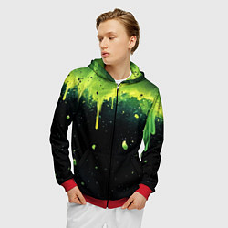 Толстовка 3D на молнии мужская Зеленая стекающая краска по черному фону, цвет: 3D-красный — фото 2