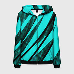 Мужская толстовка на молнии Неоновый голубой с чёрным абстракция с полосами