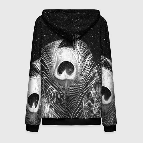 Мужская толстовка на молнии Изогнутые белые перья павлина - чб иллюстрация / 3D-Черный – фото 2