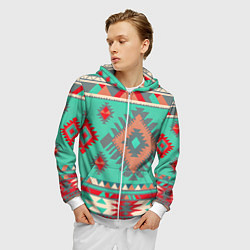 Толстовка 3D на молнии мужская Оранжево бирюзовый геометрический узор в стиле ацт, цвет: 3D-белый — фото 2