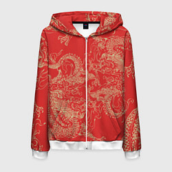 Толстовка 3D на молнии мужская Золотые драконы на красном, цвет: 3D-белый