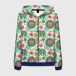 Толстовка 3D на молнии мужская Слоны и мандалы паттерн в индийской стилистике, цвет: 3D-синий