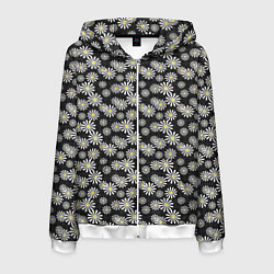 Толстовка 3D на молнии мужская Белые цветы ромашки на черном в мелкий горошек, цвет: 3D-белый