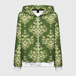 Толстовка 3D на молнии мужская Дамасский узор на оливковом фоне - растительный па, цвет: 3D-белый