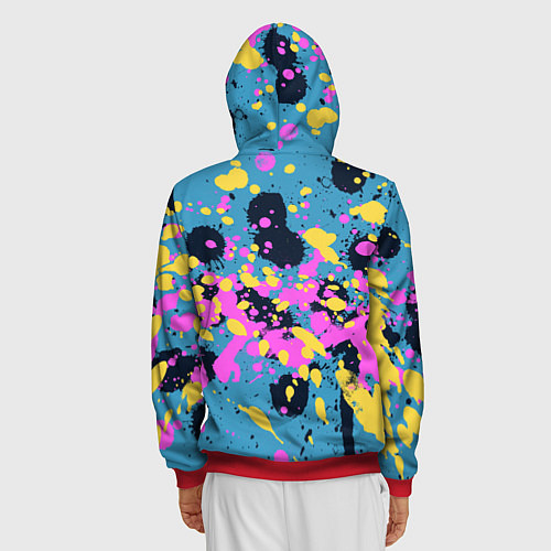 Мужская толстовка на молнии Брызги краски розовой желтой и темно синей / 3D-Красный – фото 4