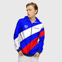 Толстовка 3D на молнии мужская Россия с гербом и цветами флага, цвет: 3D-синий — фото 2