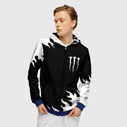 Толстовка 3D на молнии мужская Monster energy белый огонь, цвет: 3D-синий — фото 2