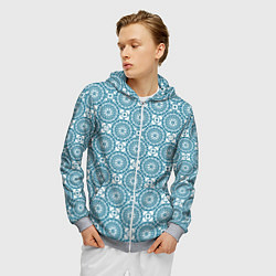 Толстовка 3D на молнии мужская Бело - голубой ажурный кружевной узор ретро, цвет: 3D-меланж — фото 2